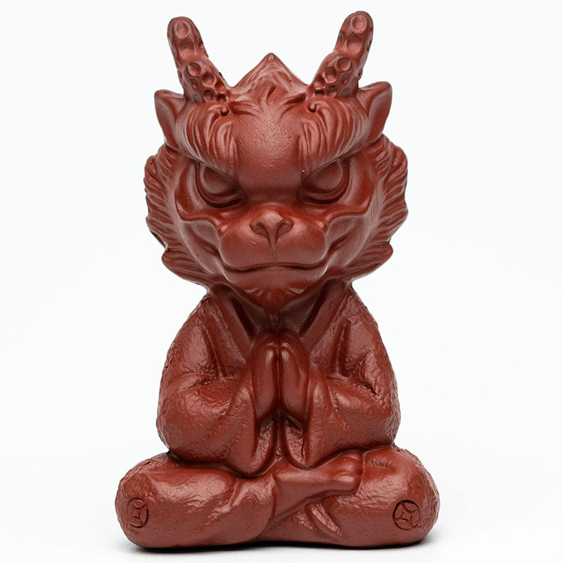Handmade Yixing purple sand little dragon man tea pet ornament for tea sets, unique gift for tea lovers.