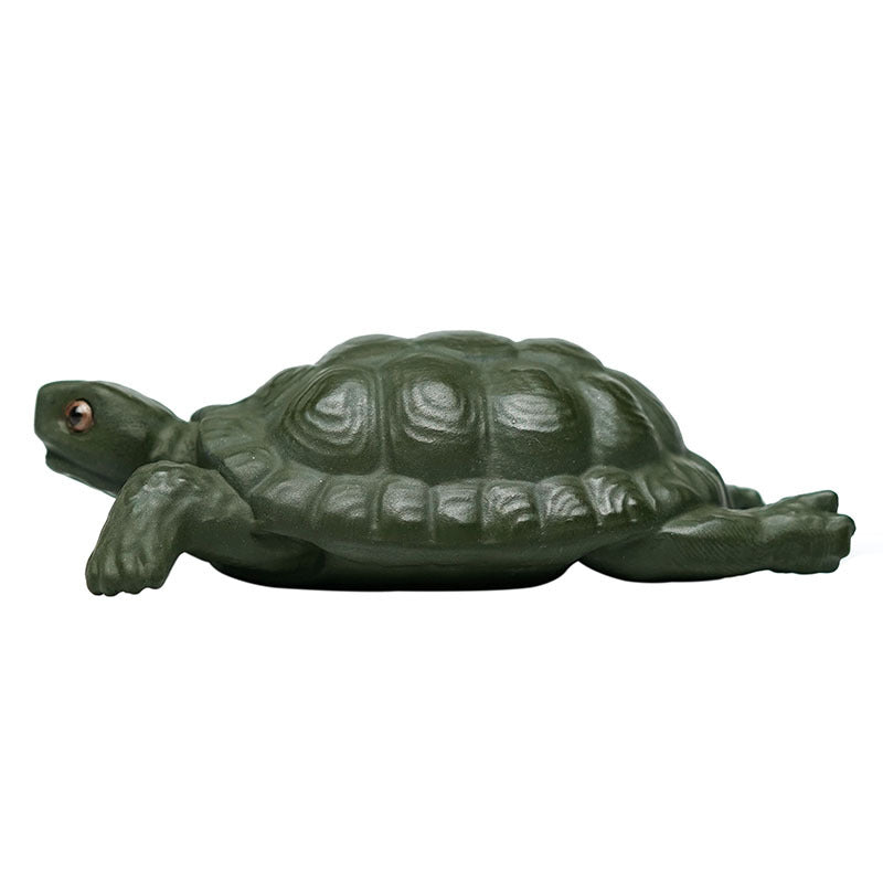 Handmade purple sand turtle sculpture, Yixing craftsman design, green mud ornament for tea table decoration.