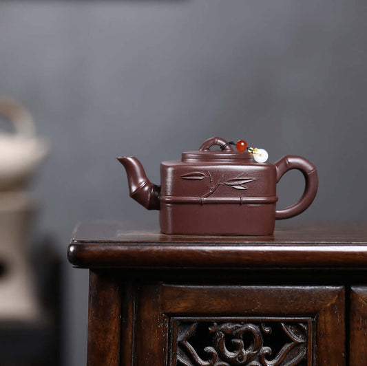 Handmade Yixing purple sand teapot, original mineral aged clay, bamboo rhythm design for Kung Fu tea set.