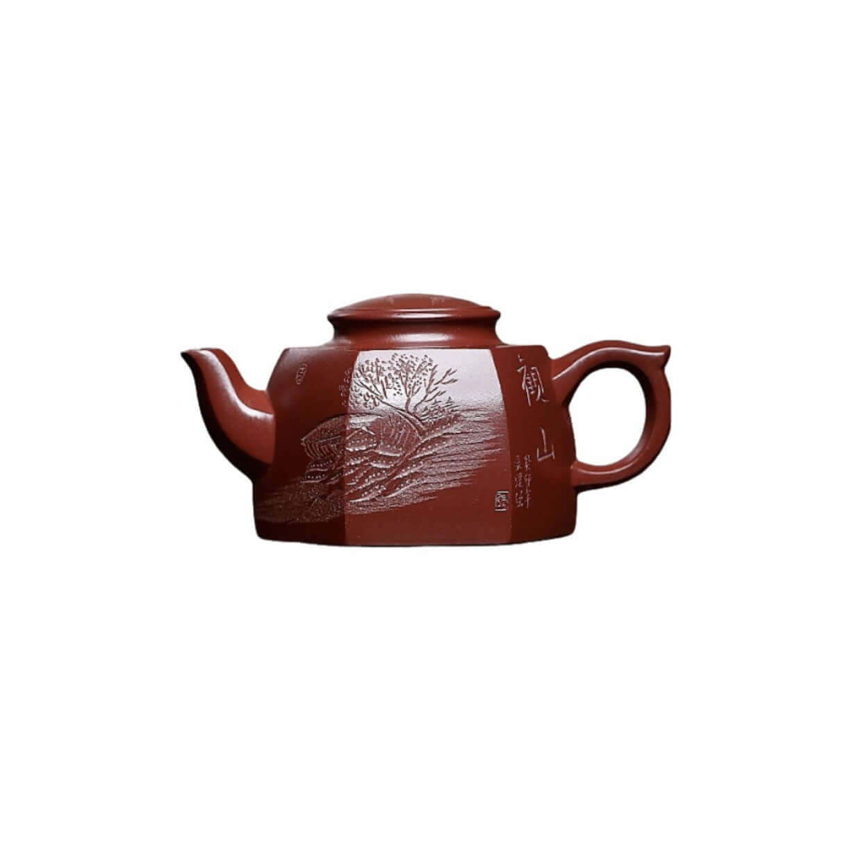 Handmade Yixing purple sand teapot with intricate mountain design, perfect for home kung fu tea set.