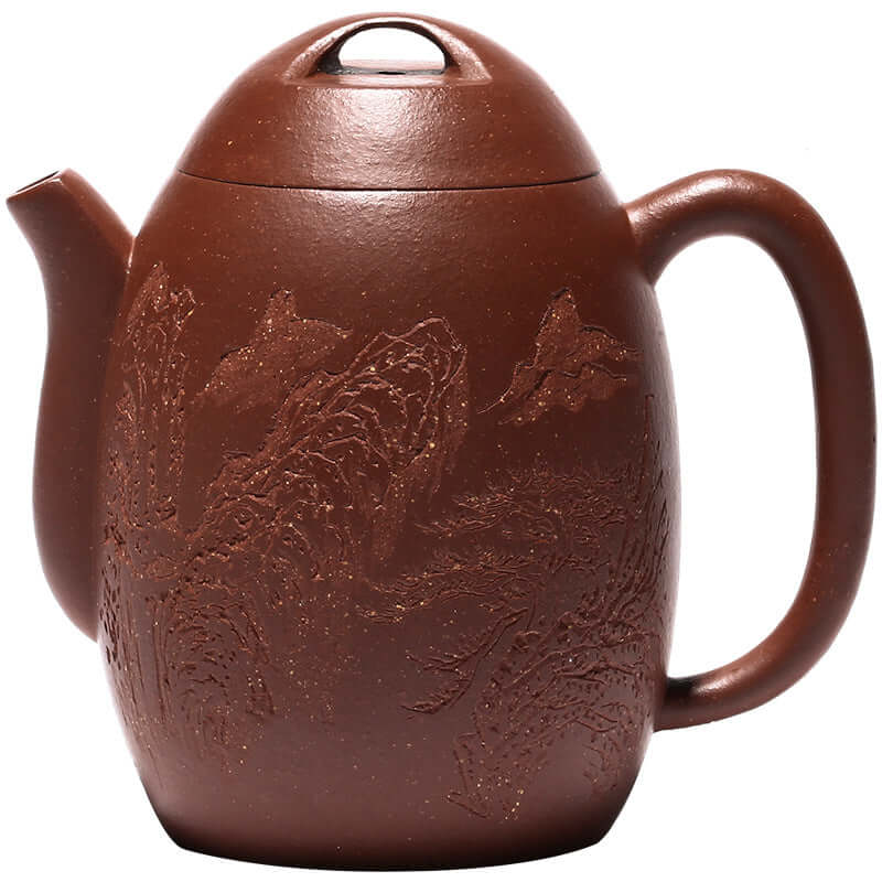 Handmade Yixing purple sand teapot featuring intricate mountain and river designs, crafted from original purple mud.