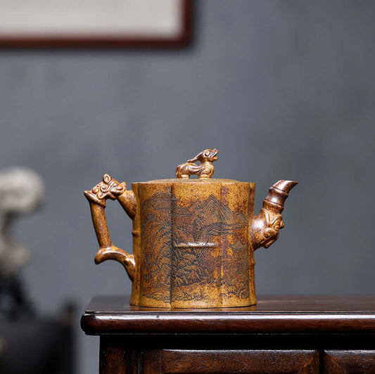 Handmade Yixing purple sand teapot featuring bamboo design and detailed craftsmanship for home kung fu tea set.