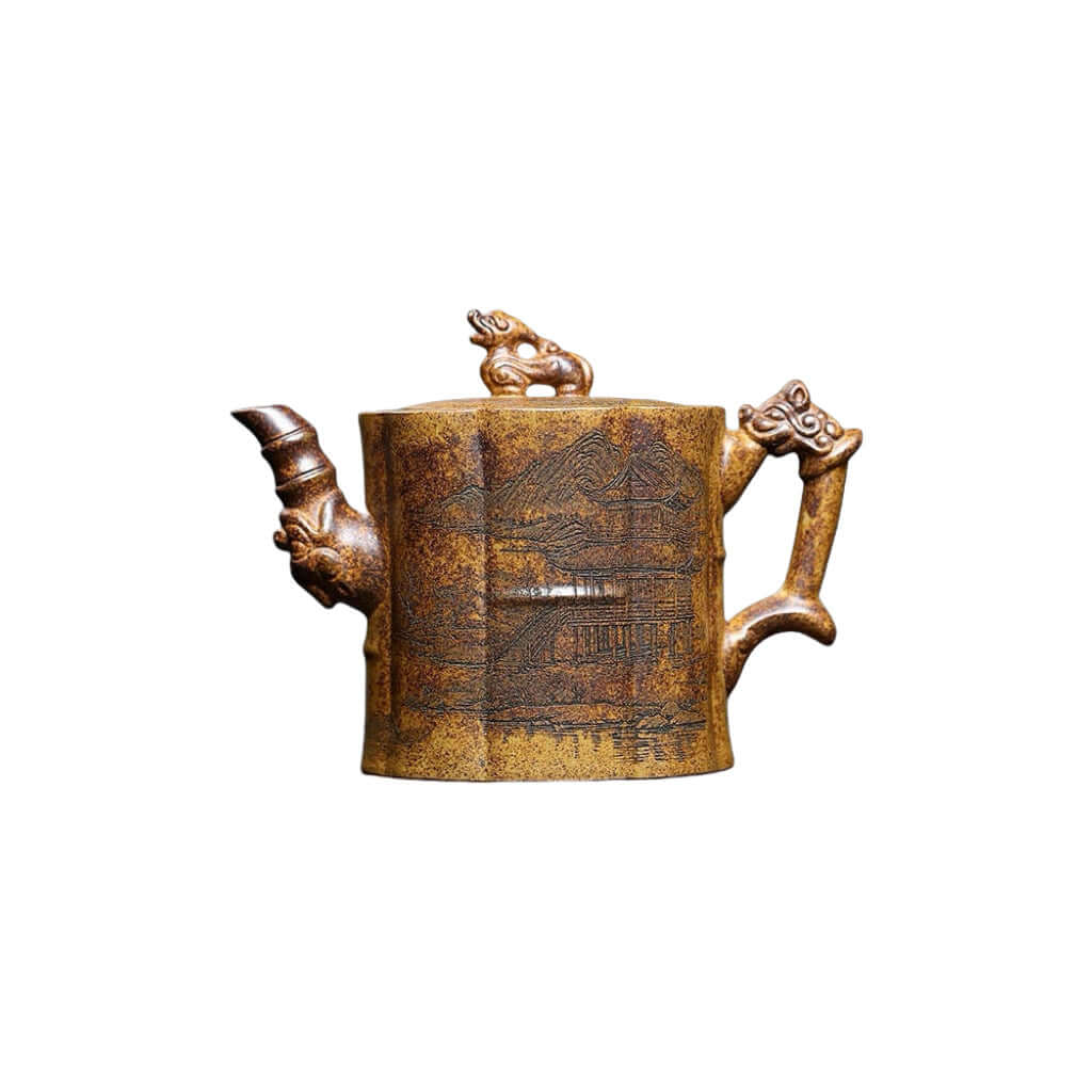 Handmade Yixing purple sand teapot with intricate design, showcasing traditional craftsmanship for kung fu tea ceremonies.