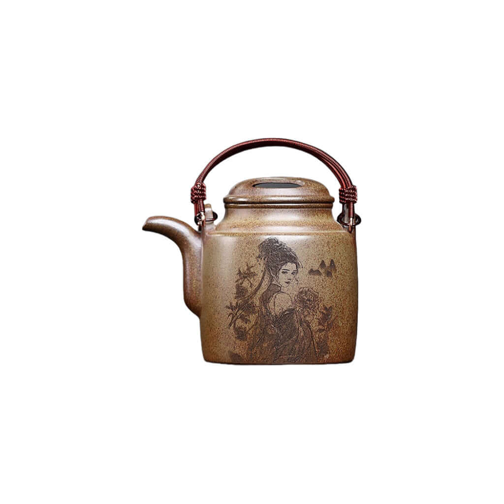 Handmade Yixing purple sand teapot with a brown finish and intricate design, perfect for home kung fu tea brewing.