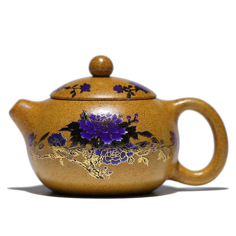 Handmade Yixing purple sand teapot with floral design, gold and purple accents, 260cc capacity.