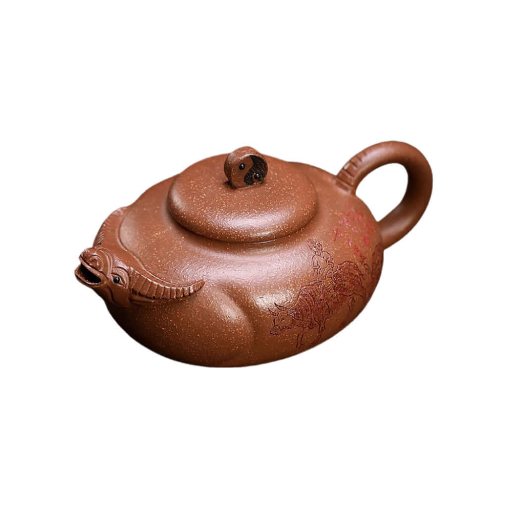Handmade Yixing purple sand teapot featuring a cattle design, ideal for kung fu tea rituals.