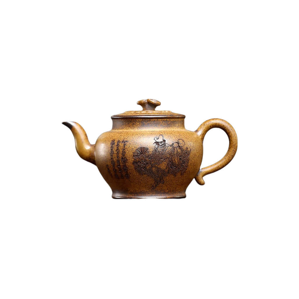 Handmade Yixing purple sand teapot featuring Ganoderma lucidum engraving, ideal for kung fu tea set enthusiasts.