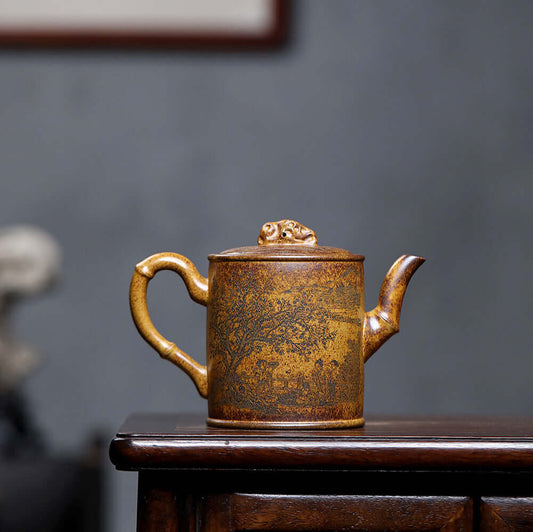 Handmade Yixing purple sand teapot with bamboo design, showcasing original craftsmanship for kung fu tea sets.