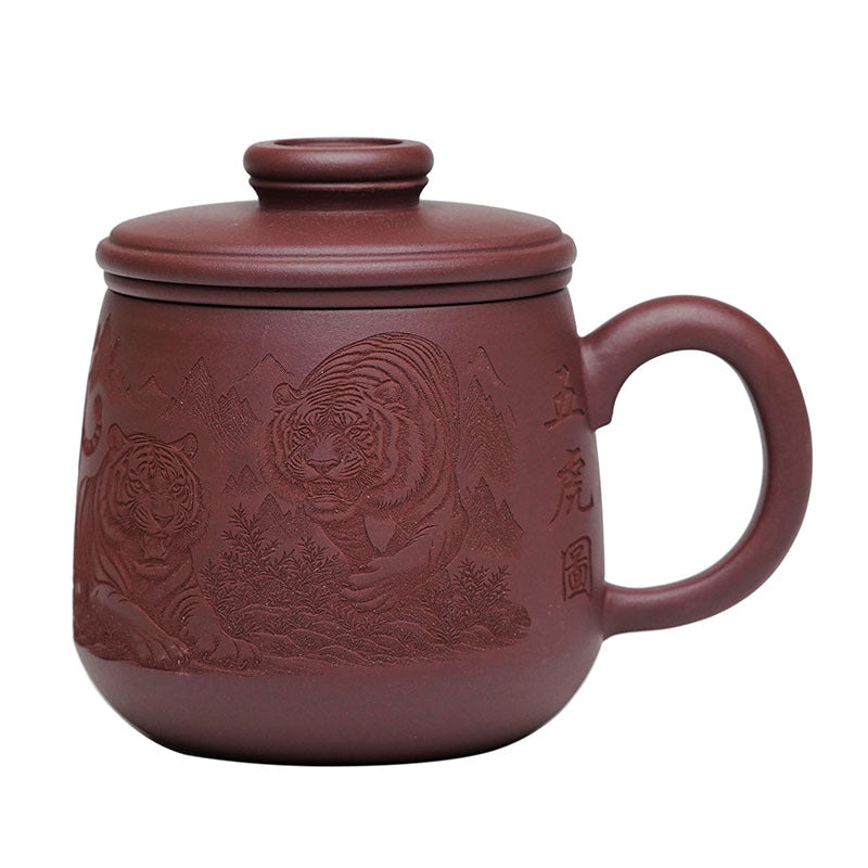 Handmade Yixing purple sand tea cup featuring engraved five tigers, perfect for tea lovers and office gifts.