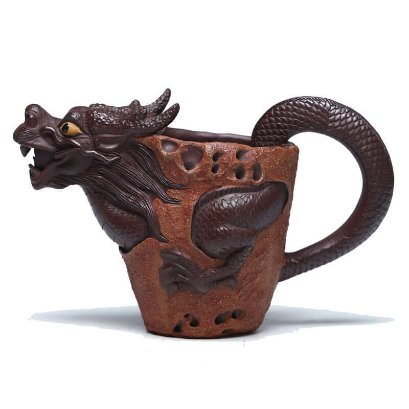 Handmade Yixing purple sand tea cup featuring a dragon design, showcasing traditional Chinese craftsmanship and artistry.