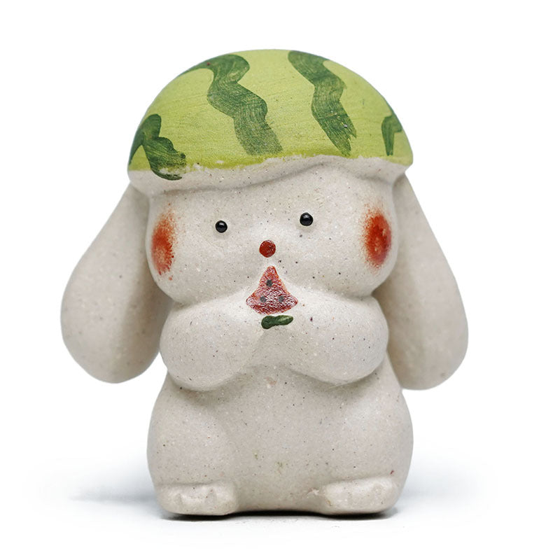Handmade Yixing purple sand cute rabbit toy figure with watermelon hat, perfect for desktop ornament and tea pet collection.
