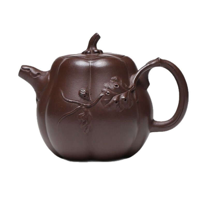 Handmade Yixing purple sand teapot in pumpkin shape, crafted from original purple sand for home tea brewing.