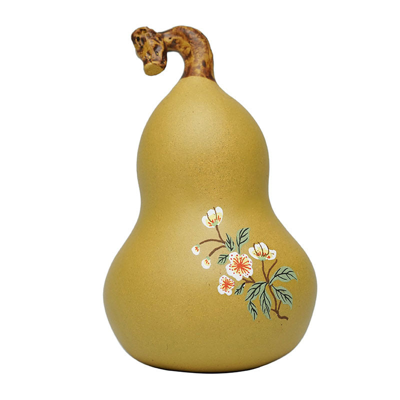 Handmade Yixing purple sand tea pet ornament, gourd shape with floral design, original craftsmanship, perfect for tea lovers.