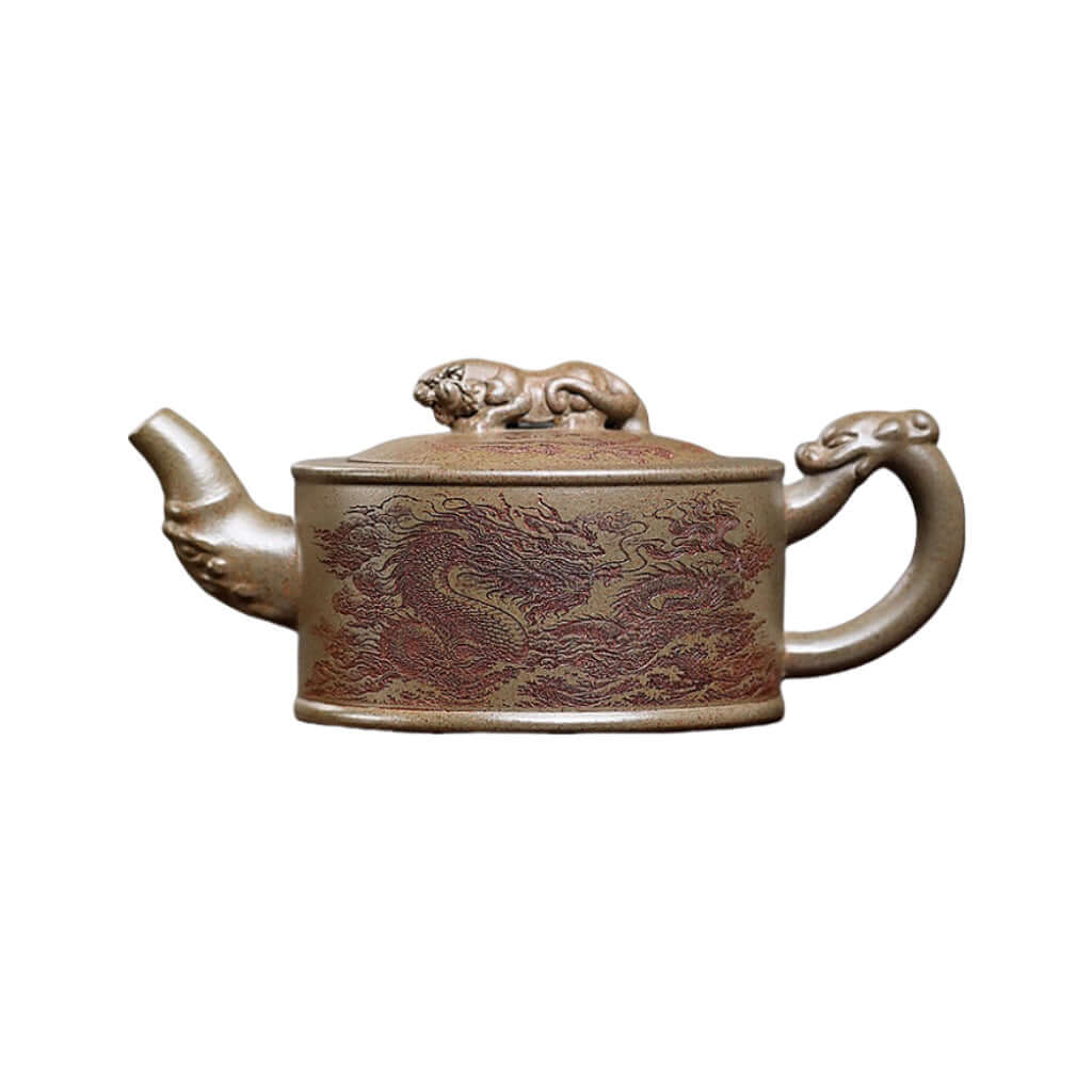Handmade Yixing purple sand teapot featuring intricate dragon design, showcasing unique craftsmanship and beauty.