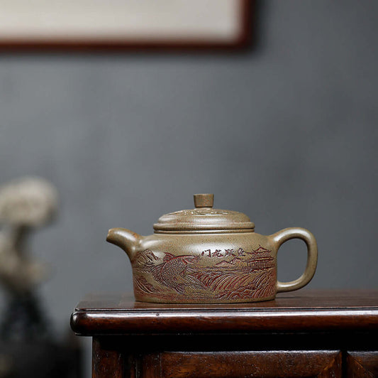 Handmade Yixing purple sand teapot with intricate dragon back design, perfect for household tea sets.