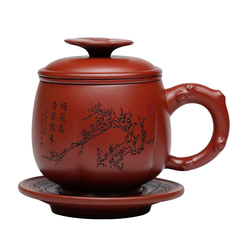 Handmade Yixing purple sand tea cup with plum blossom lid, large-capacity, crafted by Yixing artisans.