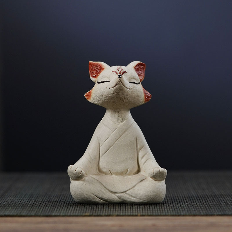 Handmade Yixing purple sand tea pet fox sculpture, Zen ornament for tea table decor, creative boutique small cute pet.