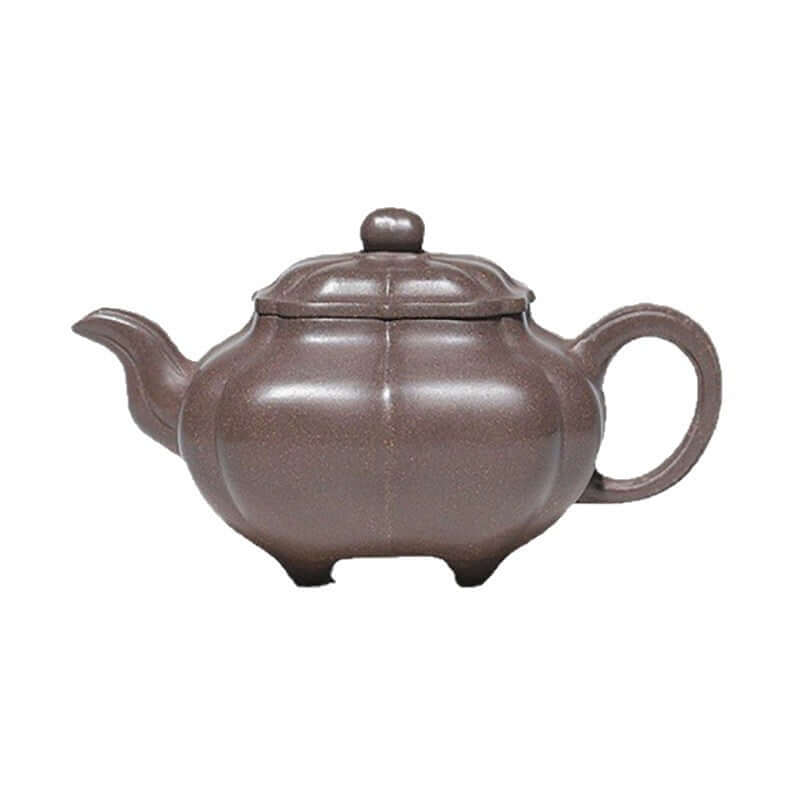 Handmade Yixing purple sand teapot with rounded body and elegant handle, showcasing original purple clay craftsmanship.
