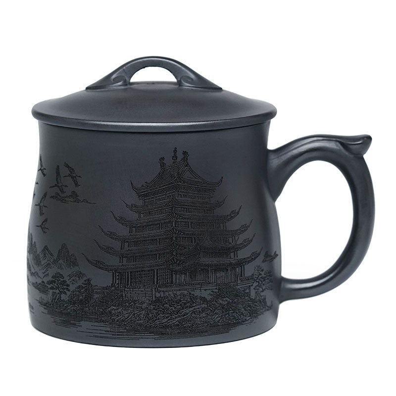 Handmade Yixing purple sand tea cup with intricate crane and pagoda design, perfect for tea lovers and collectors.
