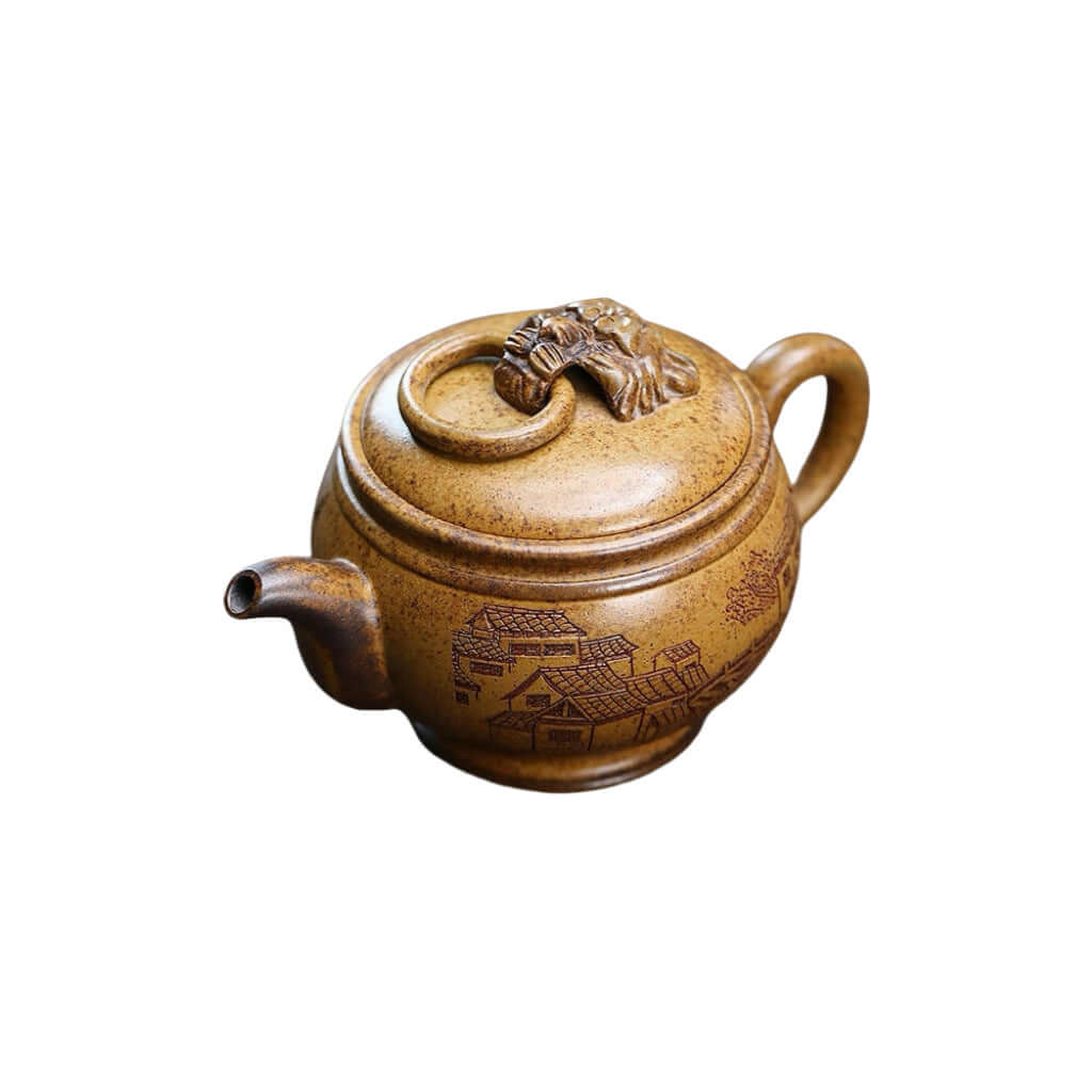 Handmade Yixing purple sand teapot with intricate design, ideal for kung fu tea rituals, showcasing original craftsmanship.