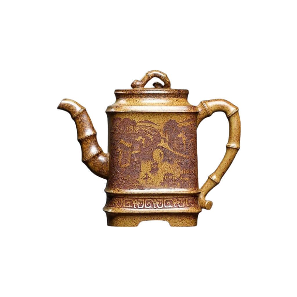 Handmade Yixing purple sand teapot with bamboo design, perfect for kung fu tea sessions.