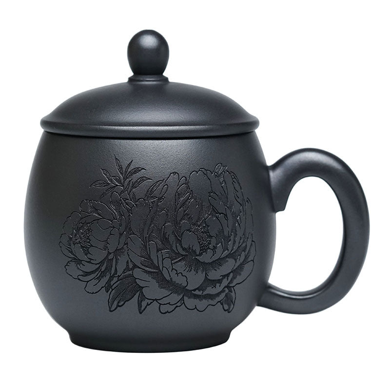Handmade Yixing purple sand tea cup with peony design, dark green enamel finish, perfect for new home decor.