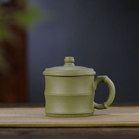 Handmade Yixing purple sand tea water separation cup, green bamboo-section design, perfect for office use.