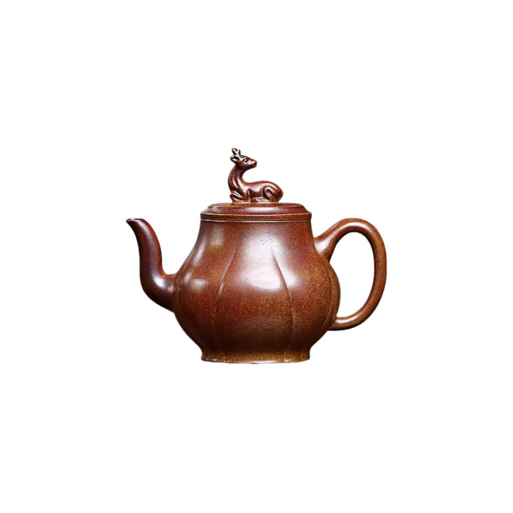 Handmade Yixing purple sand teapot with deer lid, crafted from raw ore, perfect for household tea sets.