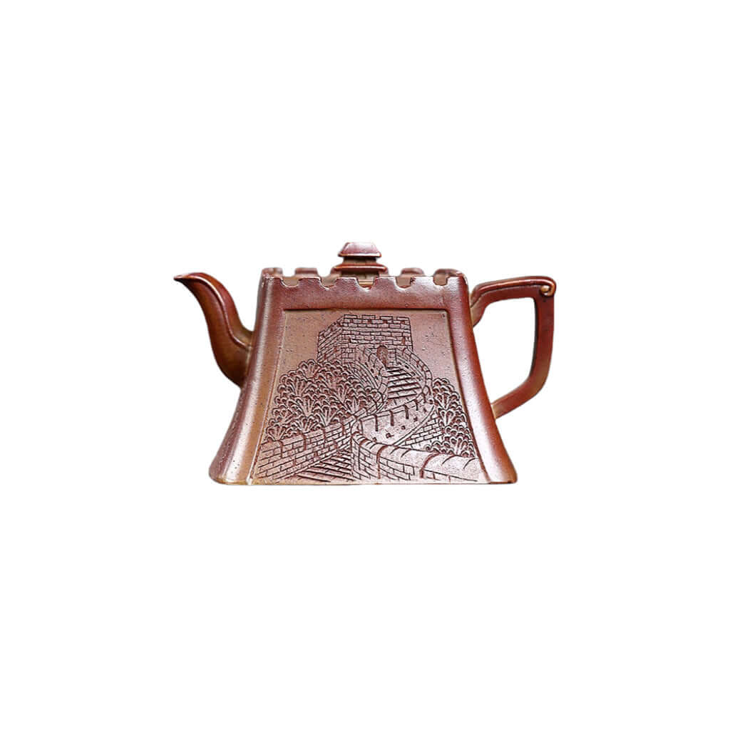 Handmade Yixing purple sand teapot featuring ancient Great Wall design, crafted from original purple clay.