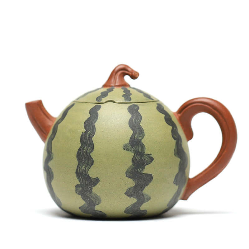 Handmade Yixing purple sand teapot designed as a watermelon, featuring green and black detailing, 120cc capacity.