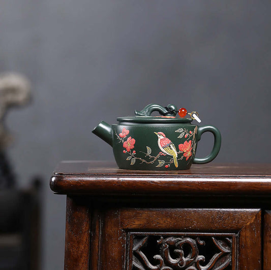 Handmade Yixing purple sand teapot with Ruyi design, green clay, beautifully painted birds and flowers for kung fu tea.