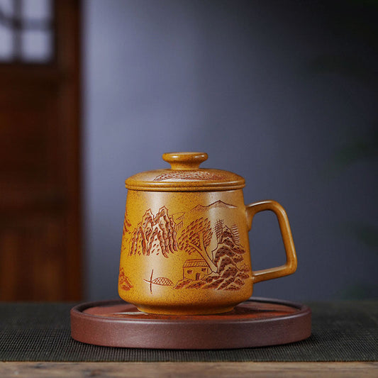 Handmade Yixing purple sand teapot with mountain view design, high-end master cup, original craftsmanship, large capacity.
