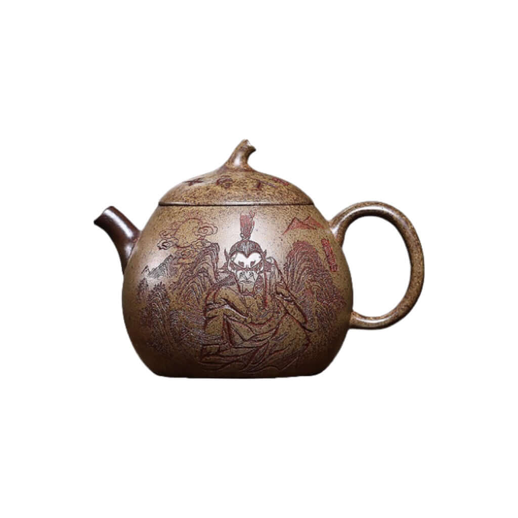 Handmade Yixing purple sand teapot featuring intricate design, perfect for brewing Kung Fu tea at home.