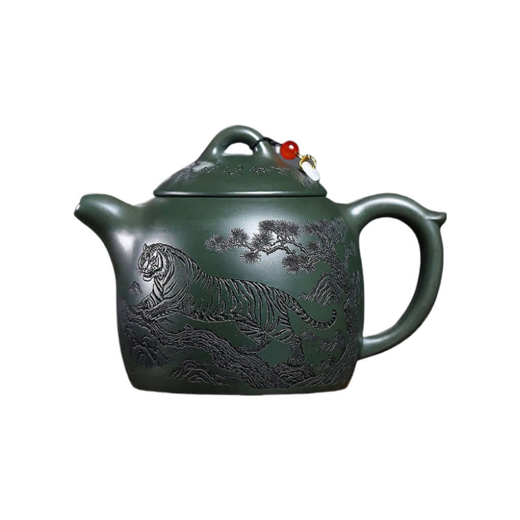 Handmade Yixing purple sand teapot with tiger design, crafted from original mineral green clay, large capacity for household use.
