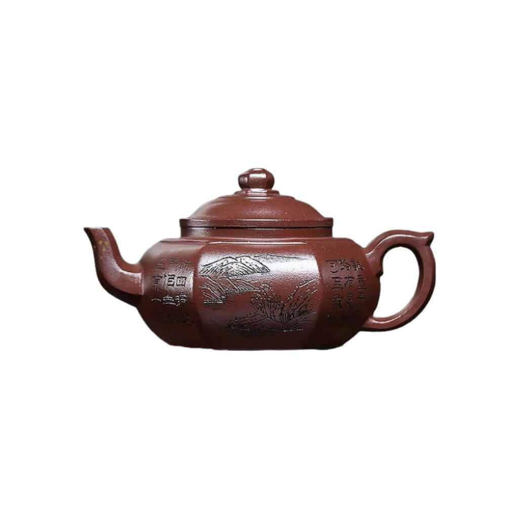 Handmade Yixing purple sand teapot, raw ore purple mud, engraved design for home kung fu tea set.