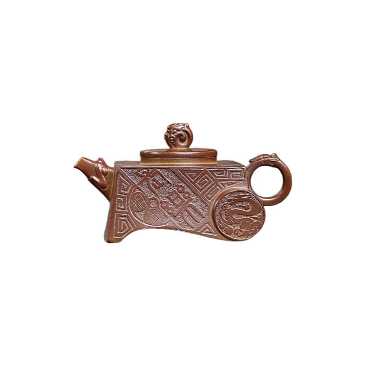 Handmade Yixing purple sand teapot, intricately designed, showcasing ancient craftsmanship and authenticity for tea enthusiasts.