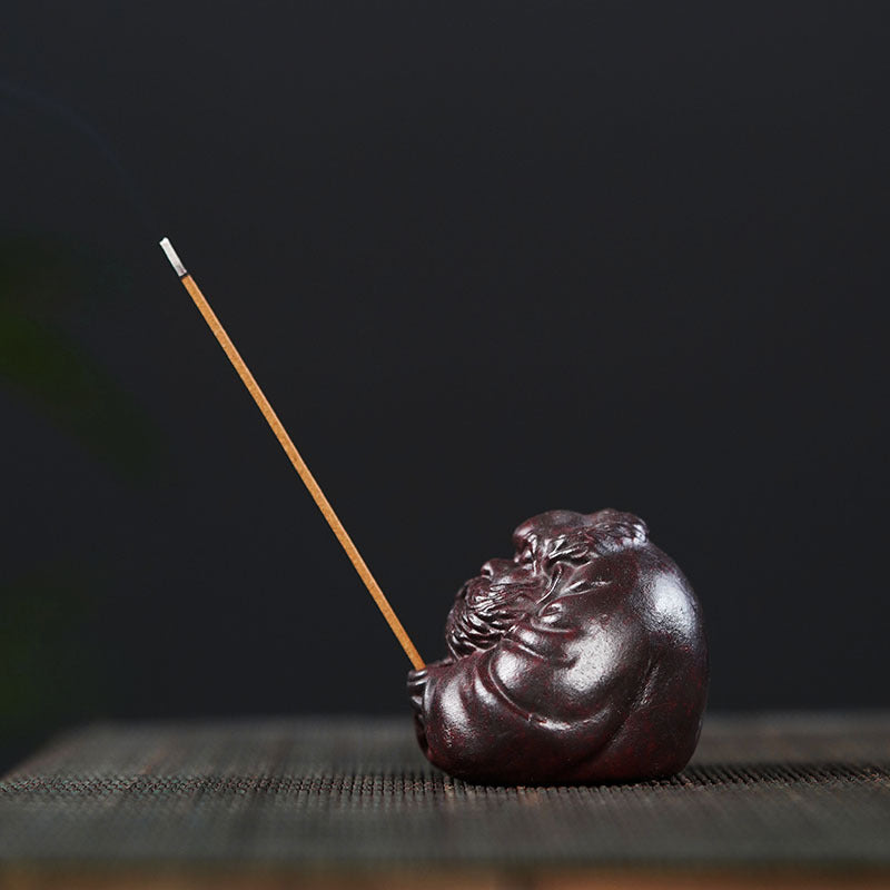Handmade Yixing purple sand Daruma incense holder, beautifully carved, perfect for tea lovers and fitness enthusiasts.
