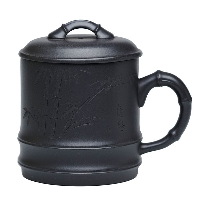 Handmade Yixing purple sand lidded cup featuring bamboo design, perfect for tea brewing and high-capacity filtering.