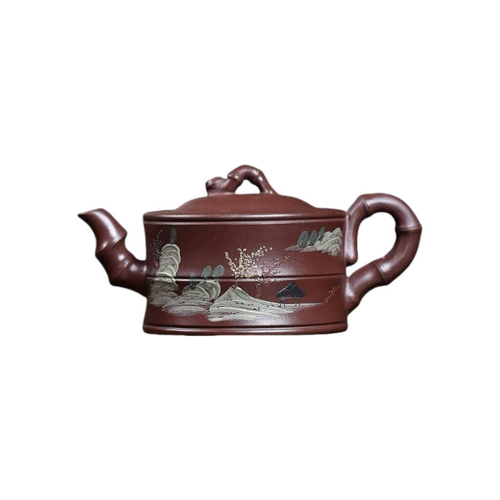 Handmade Yixing purple sand teapot with bamboo design, perfect for home kung fu tea set.