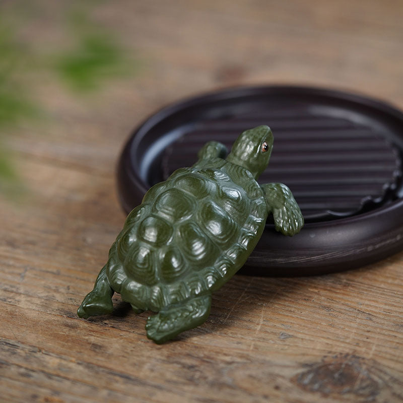 Handmade green mud turtle sculpture for tea table, Yixing purple sand craft, unique tea pet decoration.