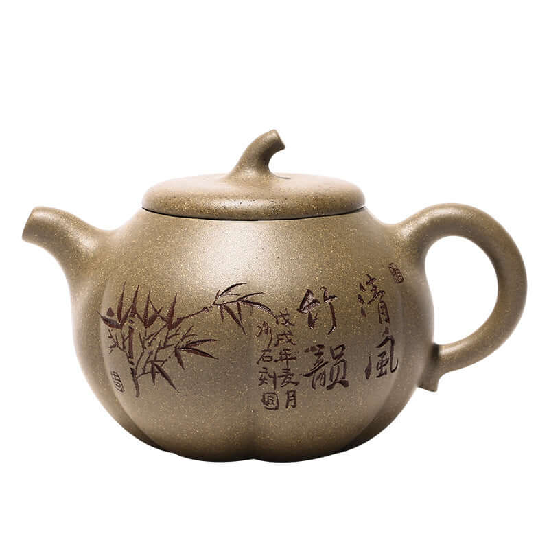 Handmade Yixing purple sand teapot with bamboo motif, showcasing traditional craftsmanship and unique design.