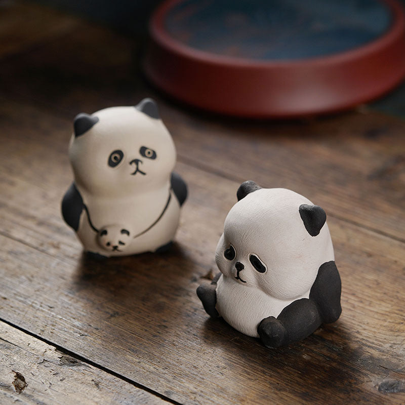 Handmade Yixing purple sand panda tea pet ornaments, cute ceramic crafts, perfect for tea lovers and gifts.