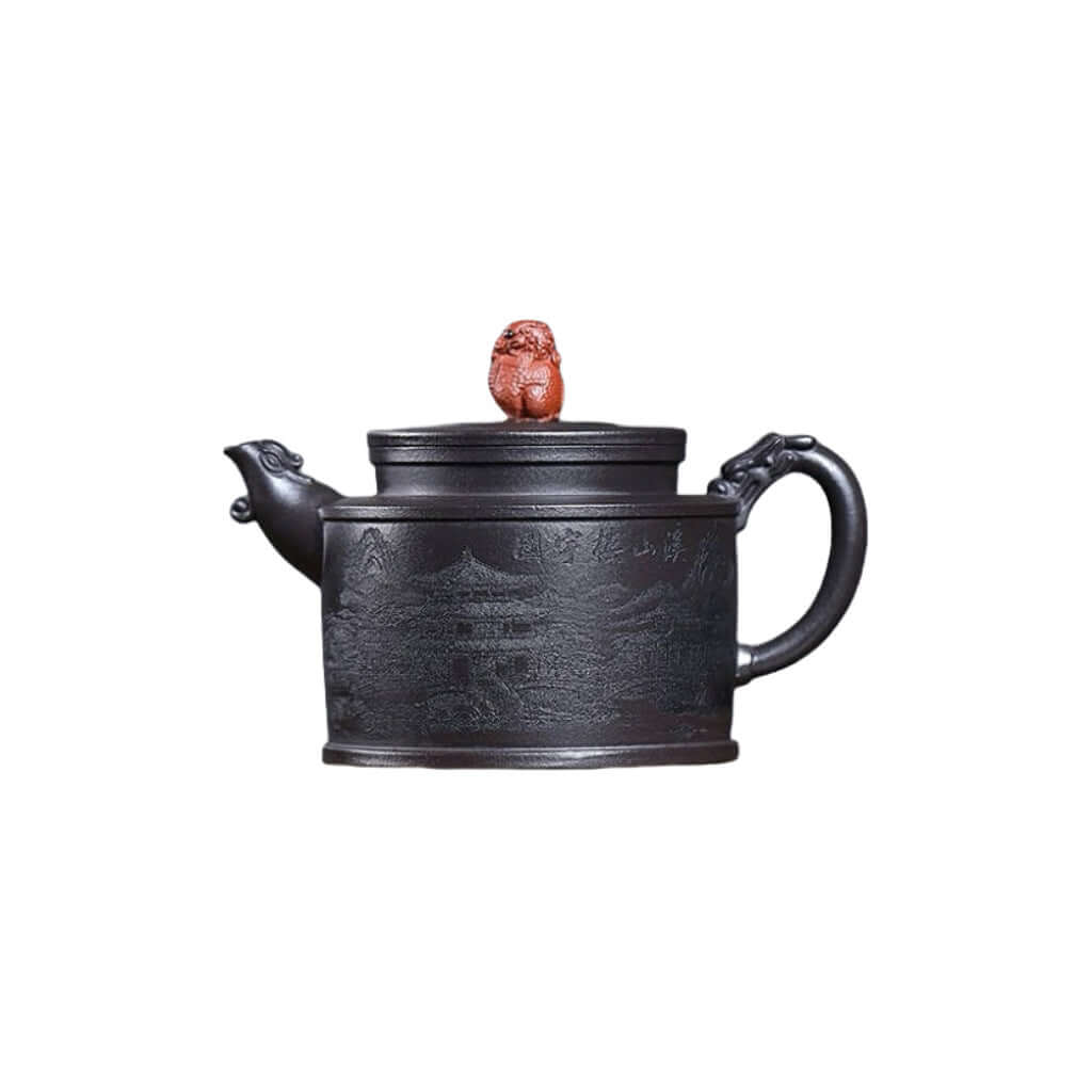 Handmade Yixing purple sand teapot with engraved design, perfect for kung fu tea sets and collectors.
