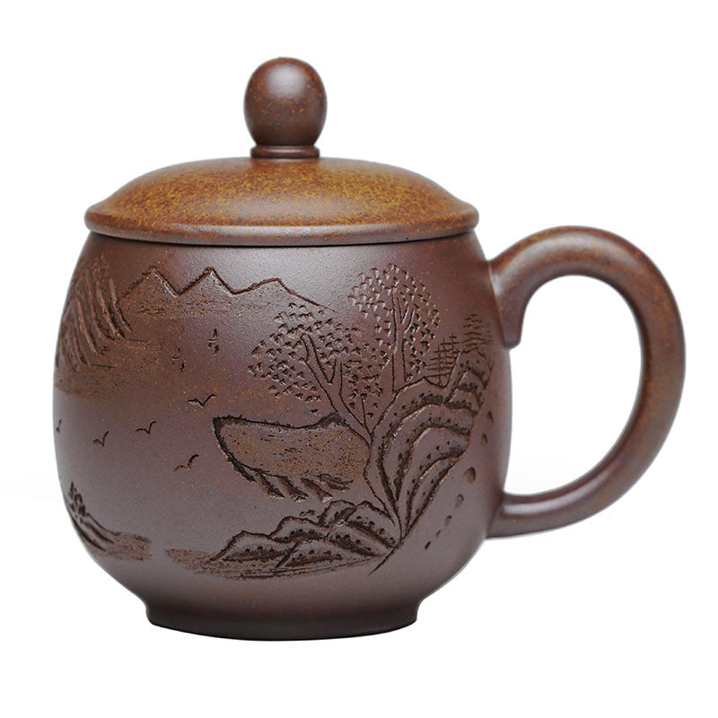 Handmade Yixing purple sand tea cup with lid, featuring mountain design, ideal for tea lovers seeking unique ceramics.