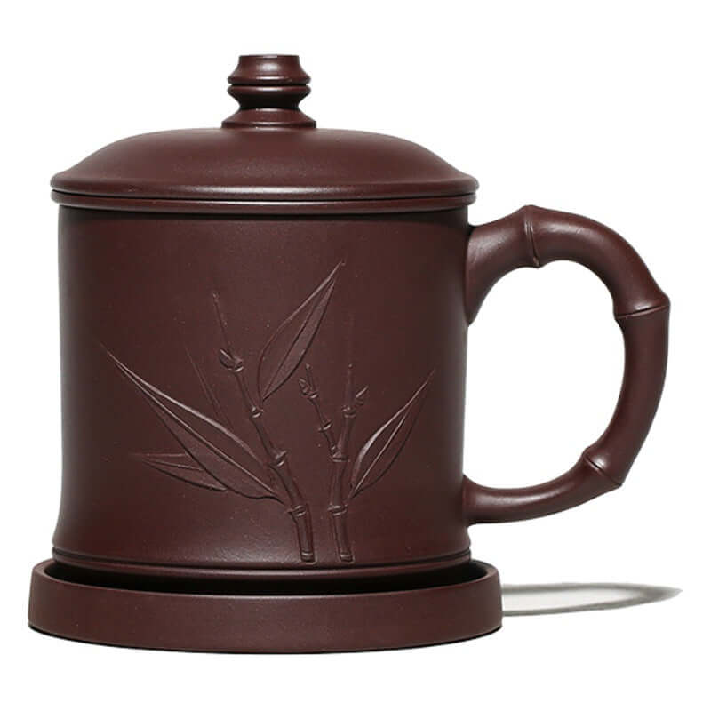 Handmade Yixing purple sand bamboo cup with lid, tea set gift, featuring elegant bamboo leaf design, genuine craftsman quality.
