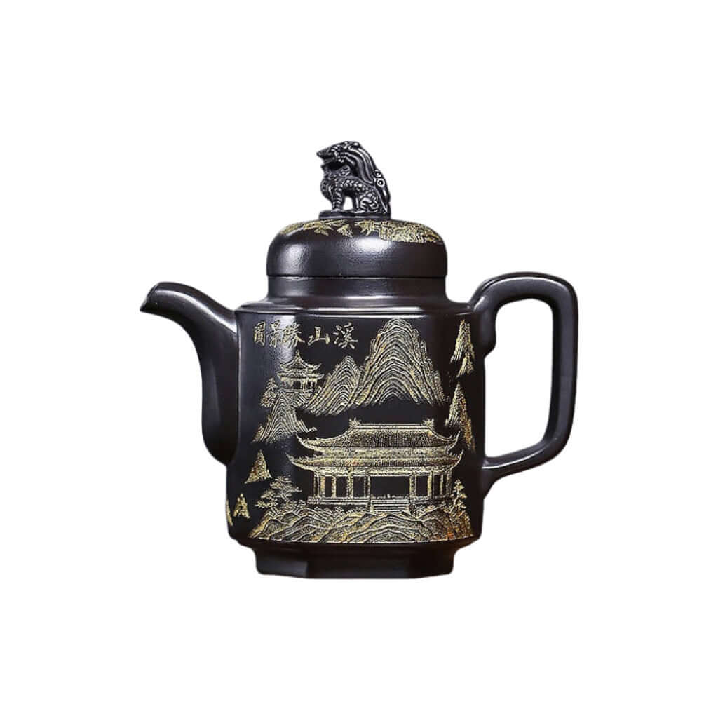Handmade Yixing purple sand teapot with intricate mountain design, perfect for kung fu tea sets.