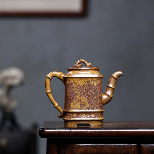 Handmade Yixing purple sand teapot featuring bamboo design and square shape, perfect for home kung fu tea set.