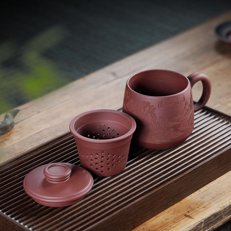Handmade Yixing purple sand cup with filter liner and leakage-proof lid, perfect for tea enthusiasts and office use.