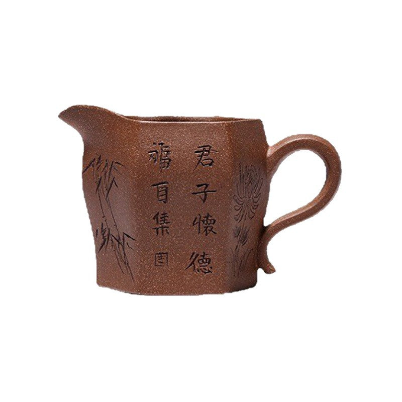 批发宜兴全手工刻绘公道杯纯手工公道杯梅兰竹菊六方紫砂公道杯