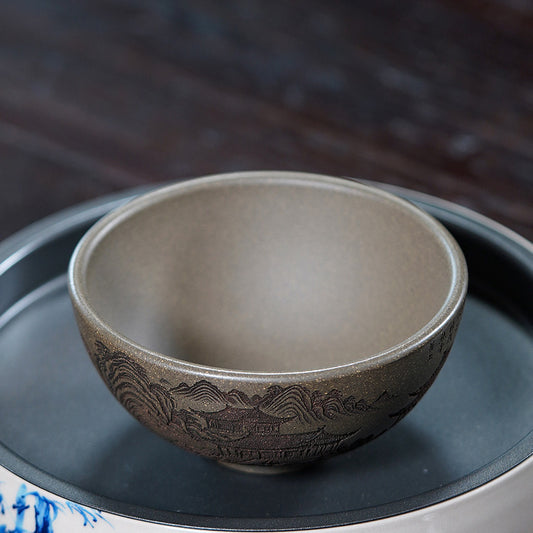 壶芝宴宜兴紫砂主人杯品茗杯江南水乡刻绘宜兴纯全手工紫砂茶杯